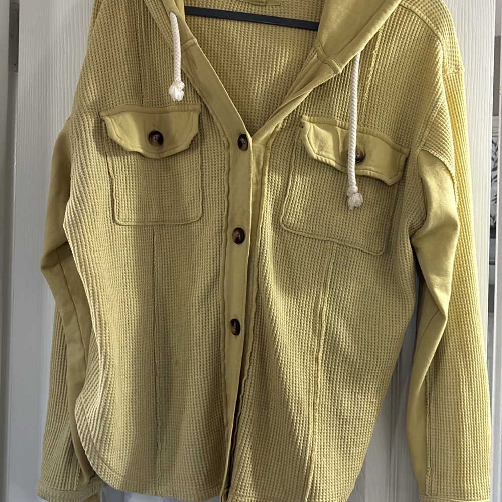 Aerie Light Yellow Waffle Knit Hooded Button-Up Jacket